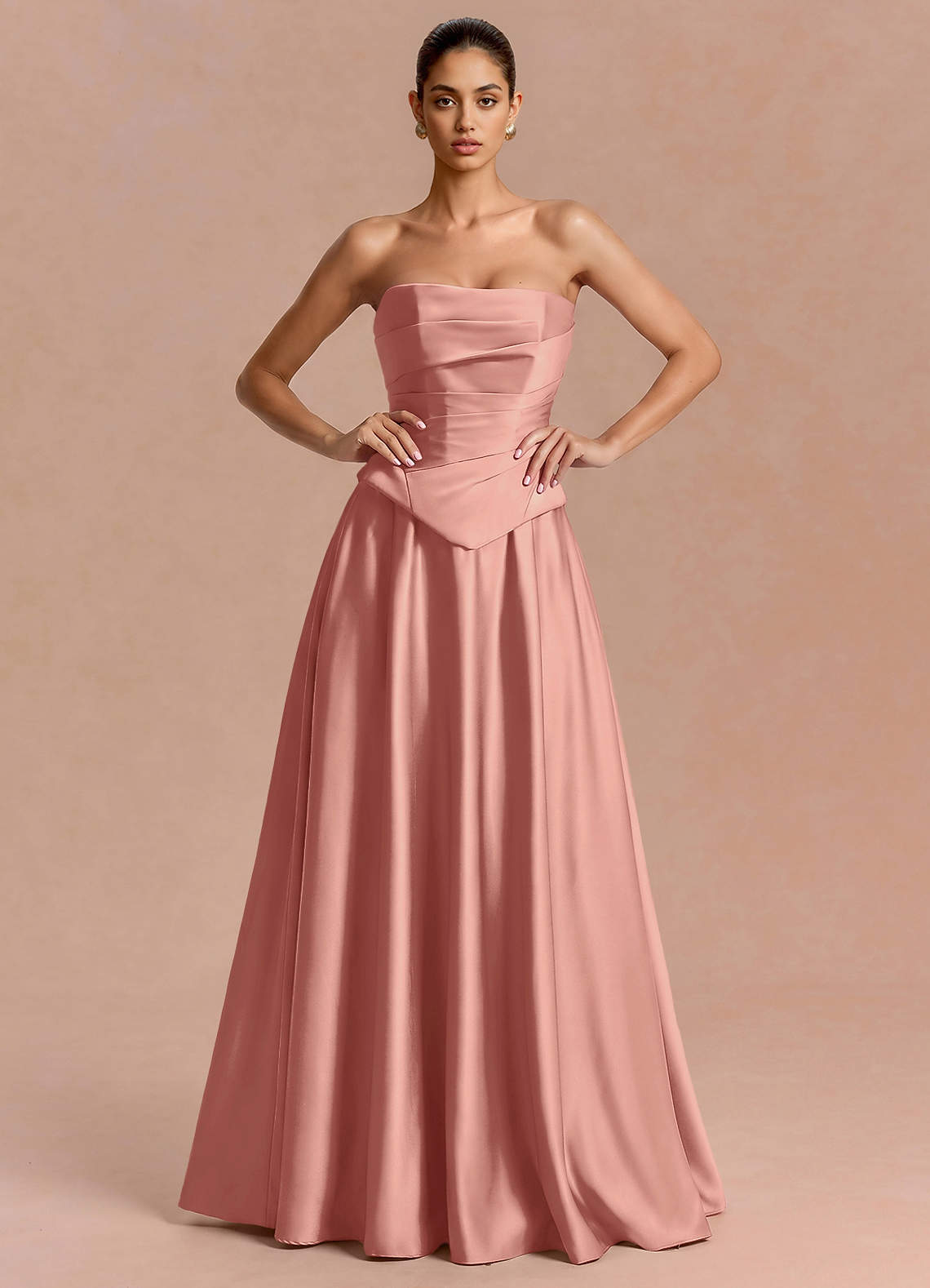 Eponine A-Line Pleated Stretch Satin Evening Dress in Truffle