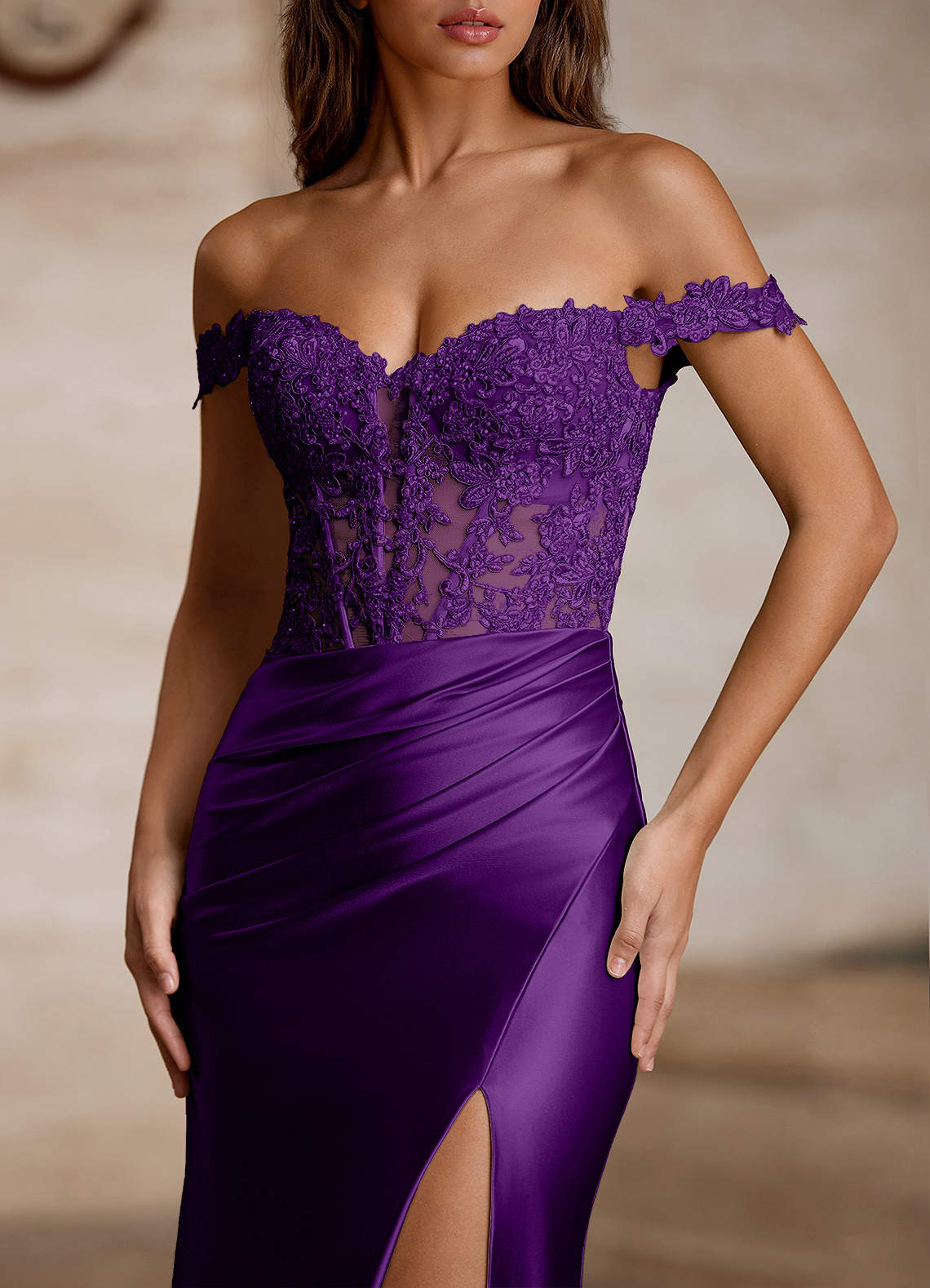 Wrentino Mermaid Off-the-Shoulder Stretch Satin Evening Dress in Grape