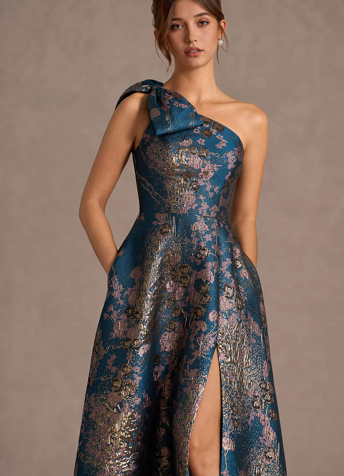 Jonelle A-Line One-Shoulder Metallic Jacquard Evening Dress in Teal Floral