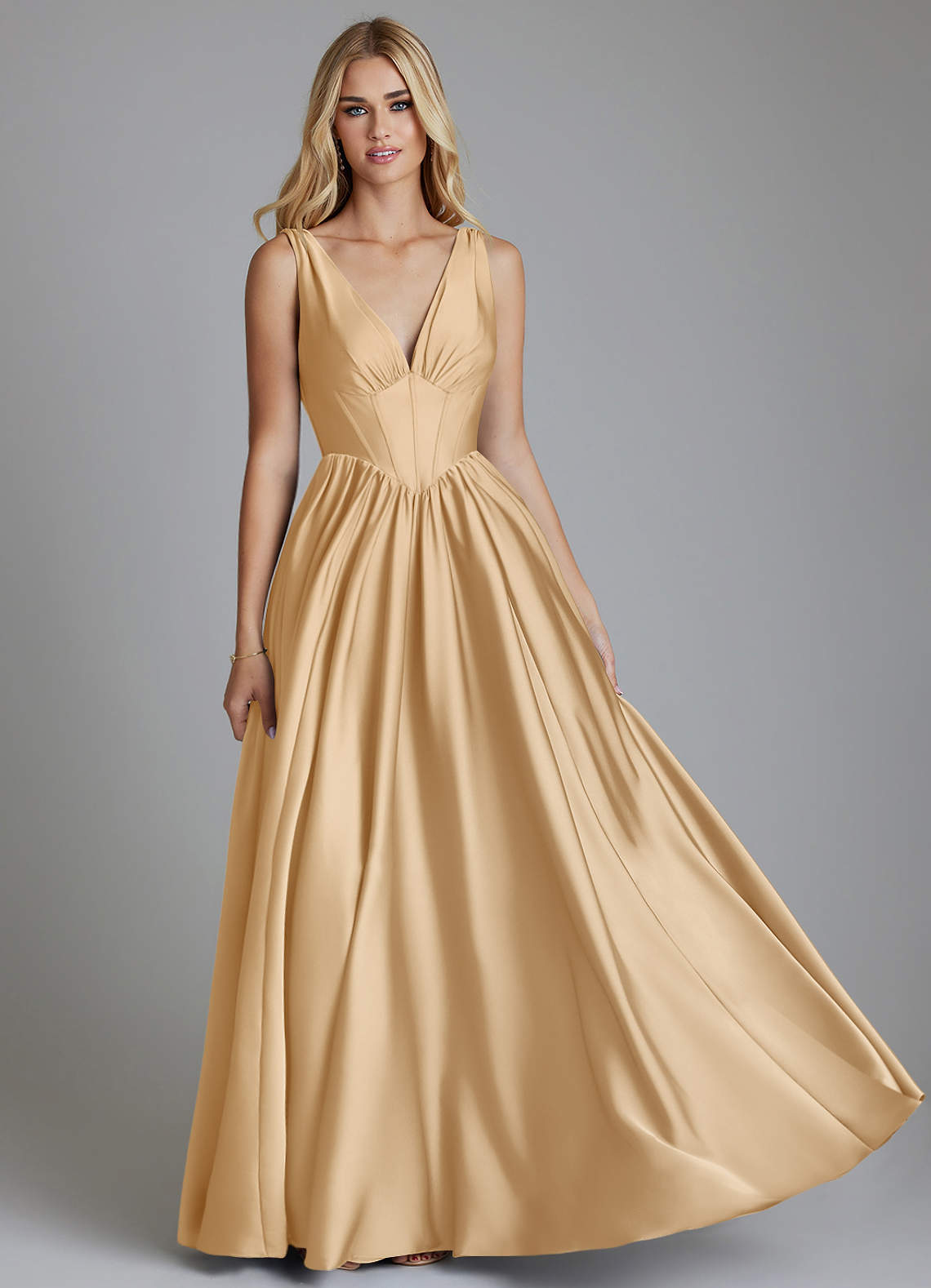 Delmie A-Line V-Neck Stretch Satin Bridesmaid Dress in Gold