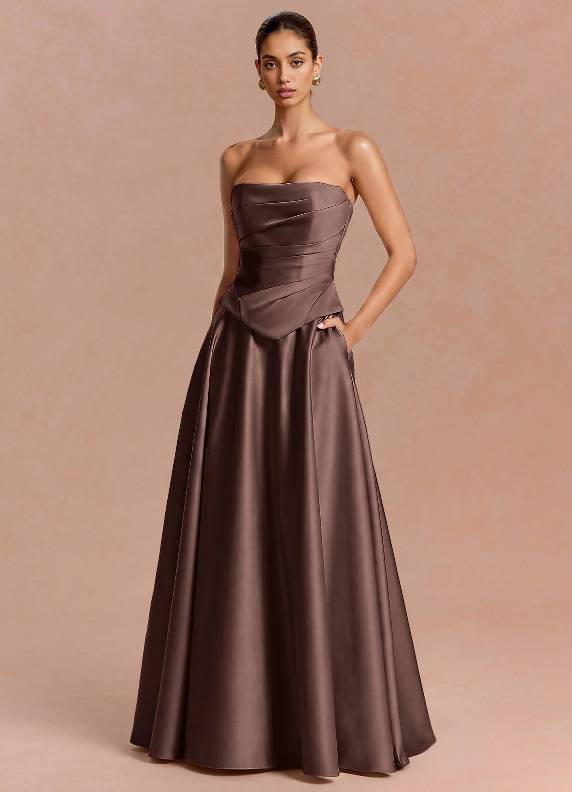 Eponine A-Line Pleated Stretch Satin Evening Dress in Truffle