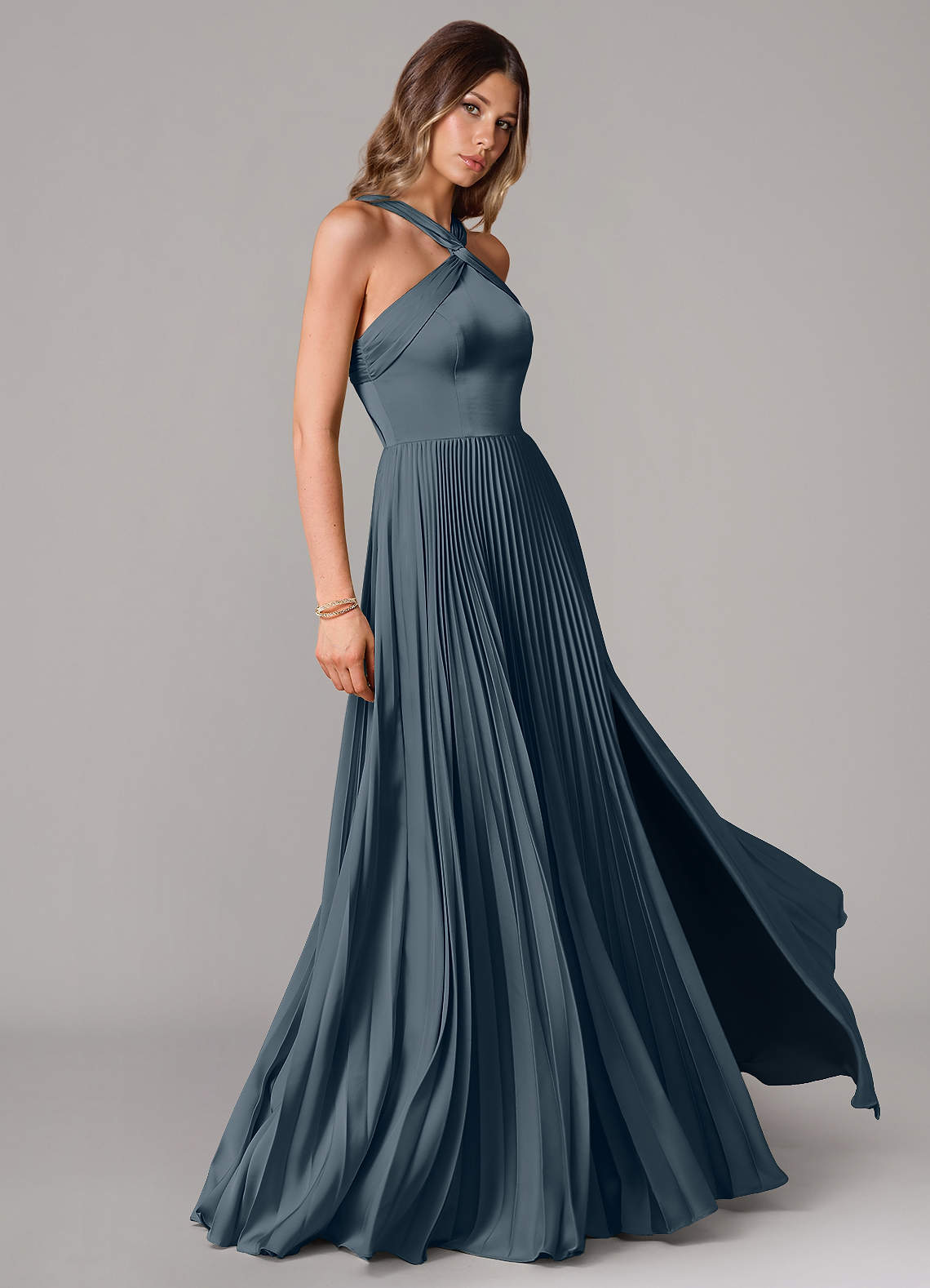 Afra A-Line Halter-Neck Stretch Satin Bridesmaid Dress in Twilight