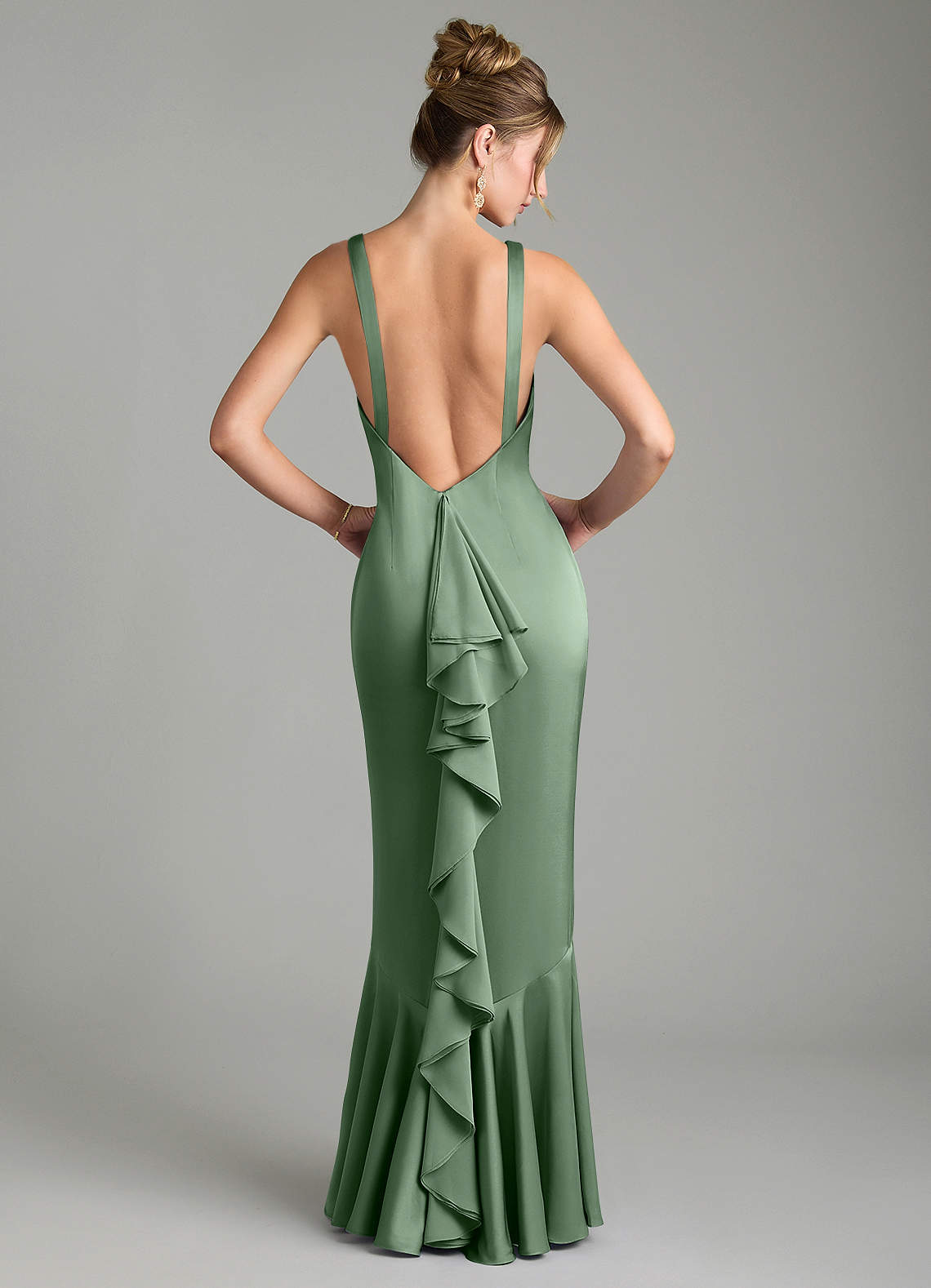 Tamera Mermaid Boat-Neck Stretch Satin and Chiffon Bridesmaid Dress in Matcha