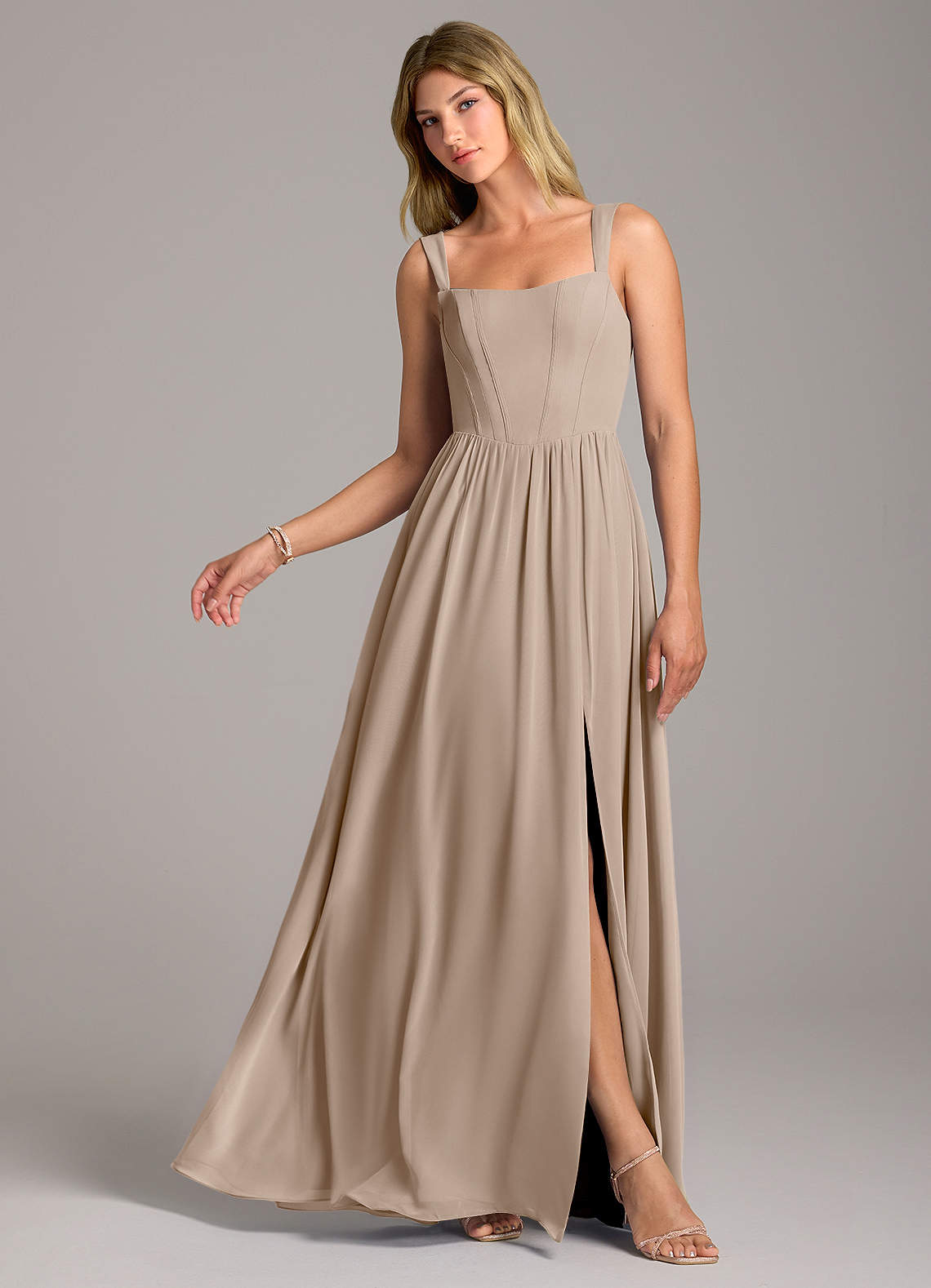 Rosaline A-Line Square-Neck Chiffon Bridesmaid Dress in Taupe