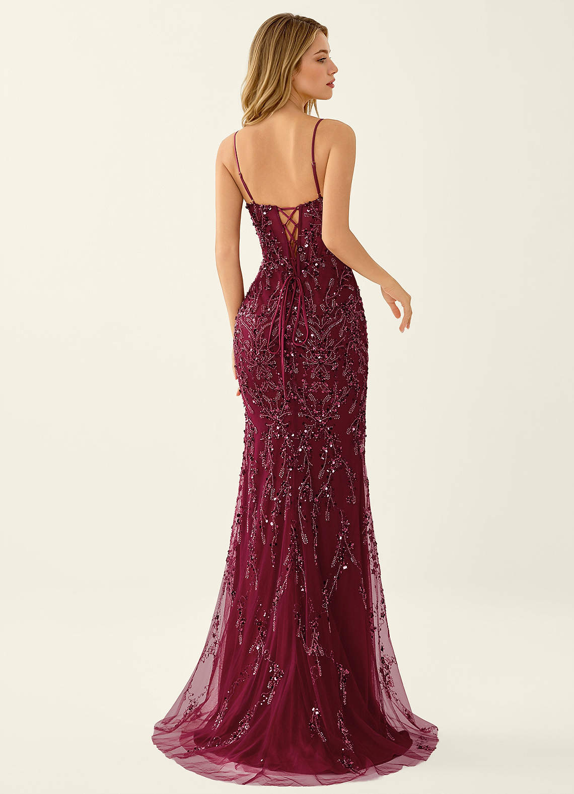 Zivah Mermaid V-Neck Beaded Stretch Mesh Evening Dress in Burgundy