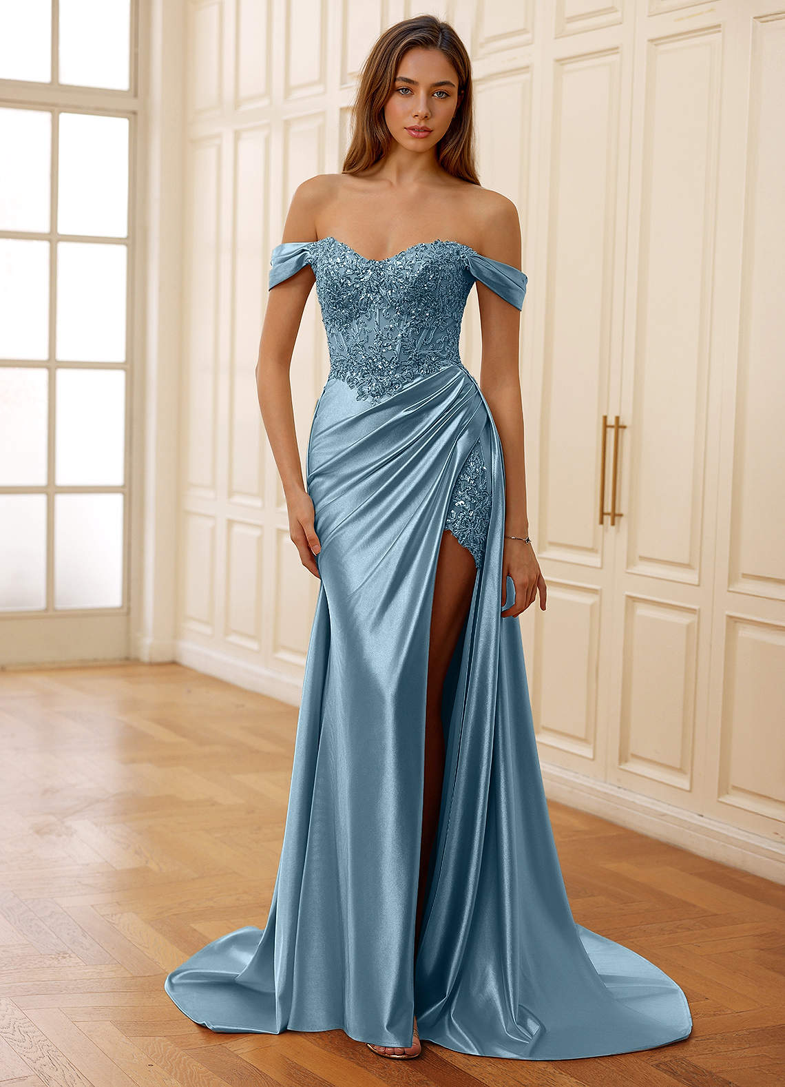 Rowane A-Line Off-the-Shoulder Satin Evening Dress in dusty blue