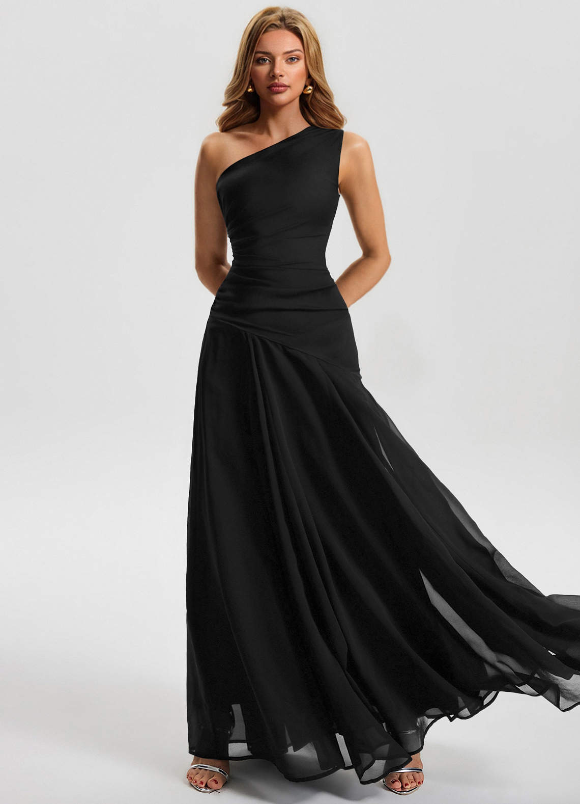Sylvaine A-Line One-Shoulder Chiffon Wedding Guest Dress in Ganache