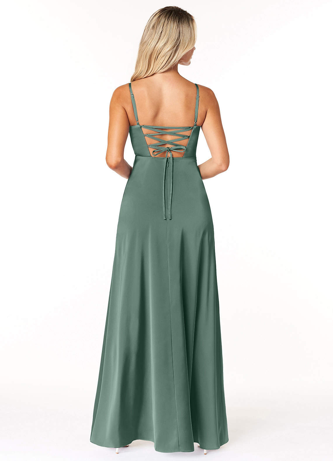 Marchella A-Line V-Neck Stretch Satin Bridesmaid Dress in Eucalyptus