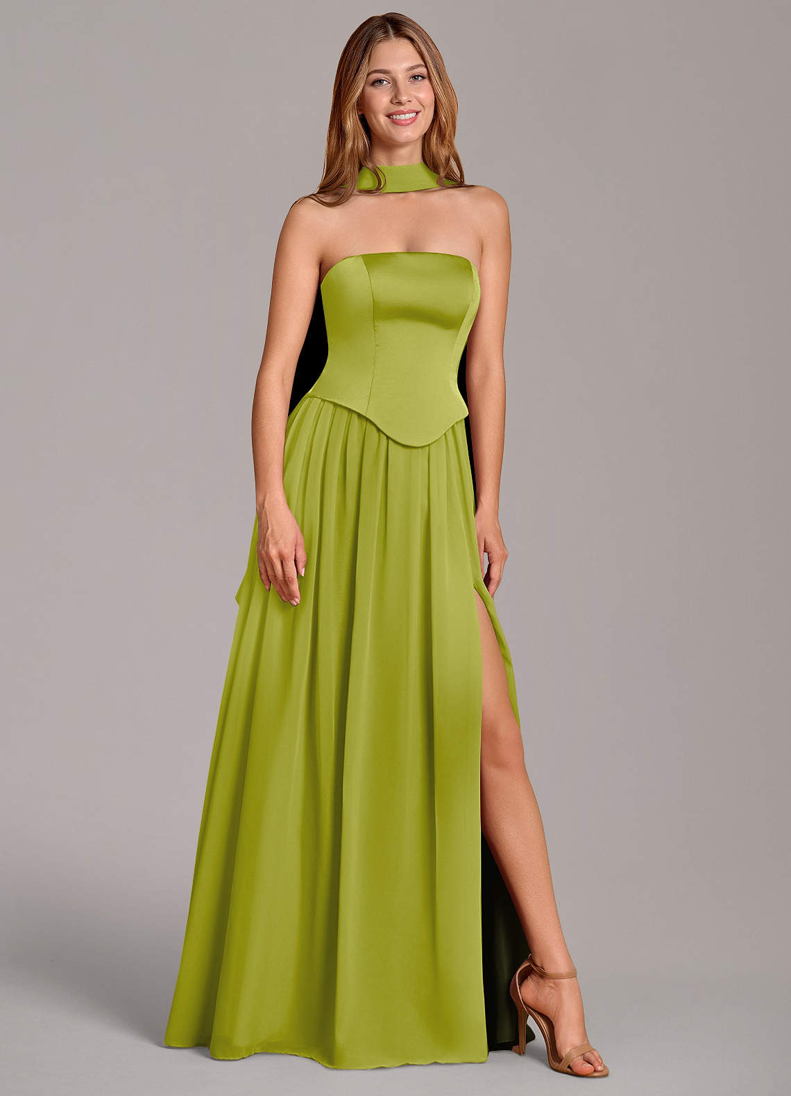 Cadence A-Line Strapless Chiffon and Stretch Satin Bridesmaid Dress in Lemongrass