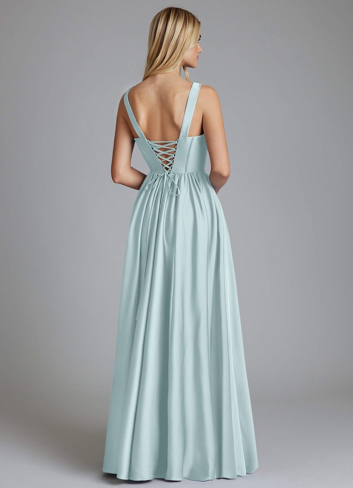 Delmie A-Line V-Neck Stretch Satin Bridesmaid Dress in Mist