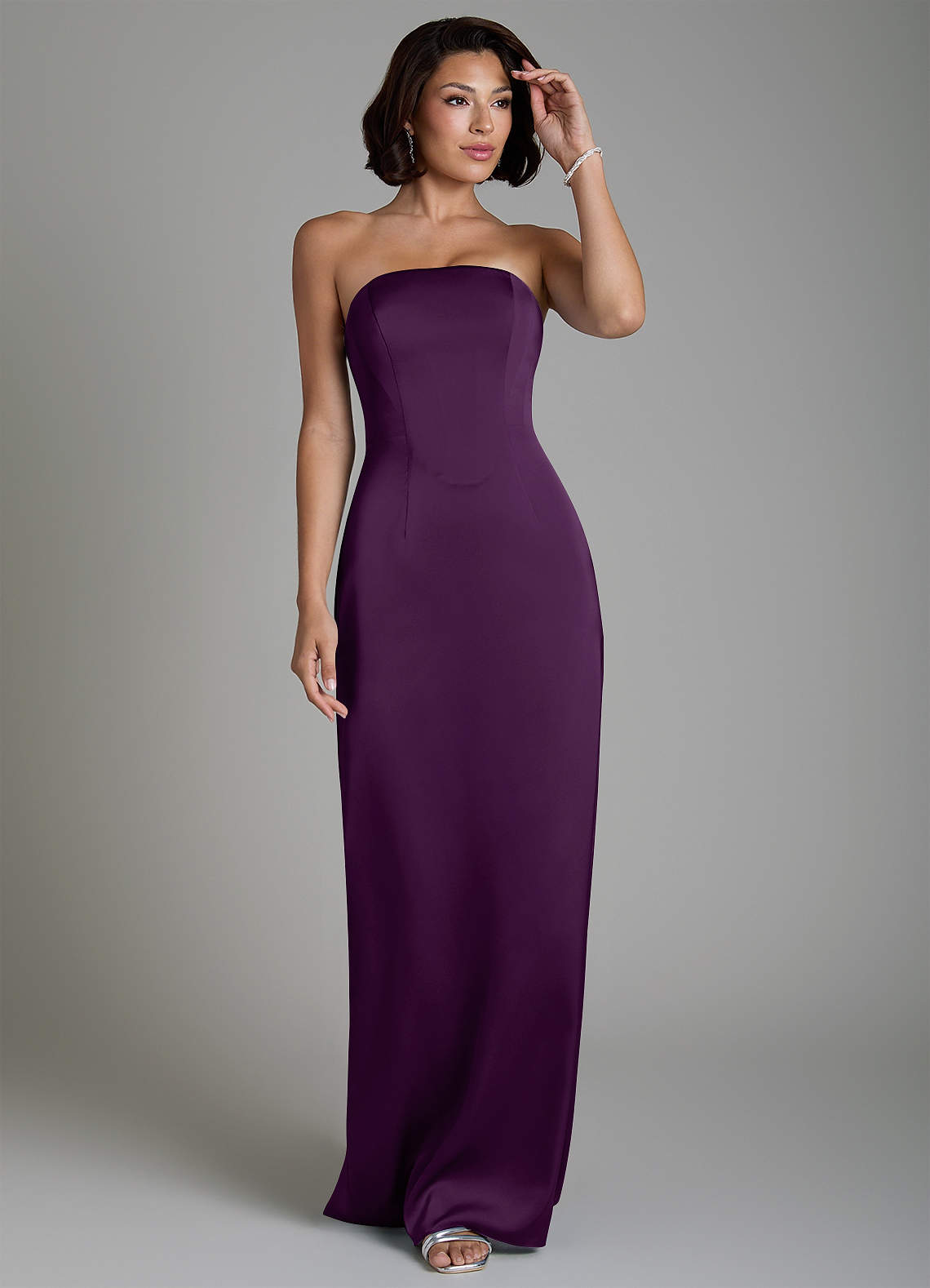 Fallyn Sheath Strapless Stretch Satin Bridesmaid Dress in Grape
