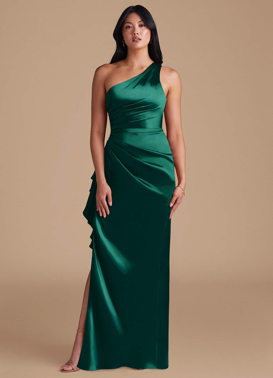 Latrice Sheath One-Shoulder Metallic Satin Bridesmaid Dress in Emerald