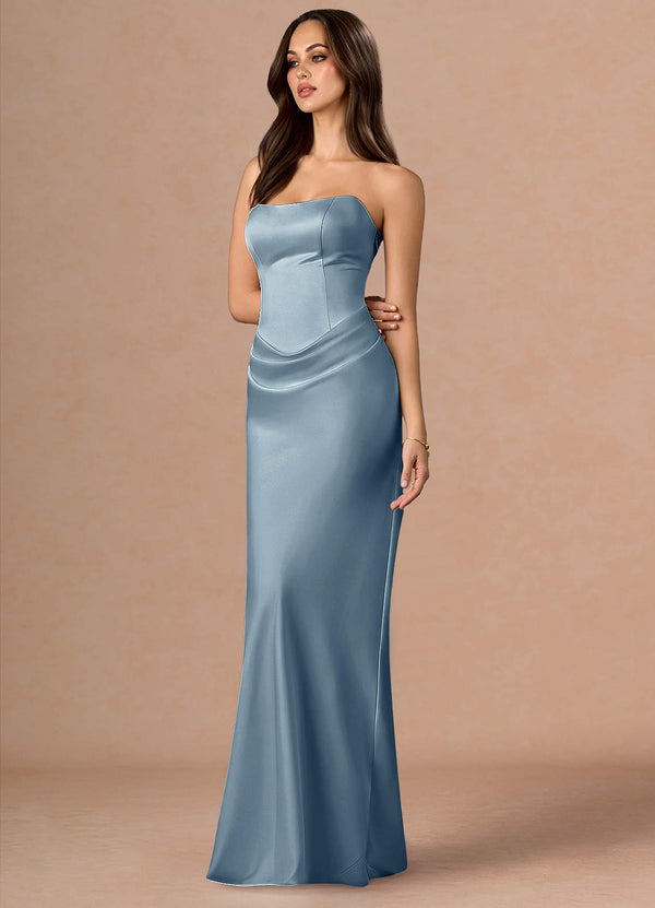 Valencia Scarf Lace-Up Stretch Satin Evening Dress in Dusty Blue