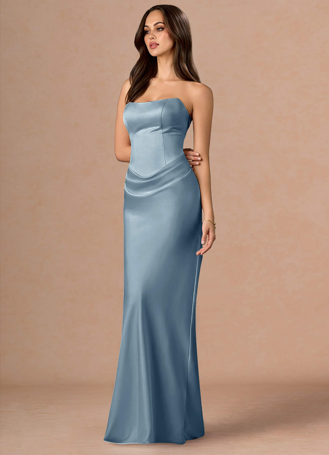 Valencia Scarf Lace-Up Stretch Satin Evening Dress in Dusty Blue