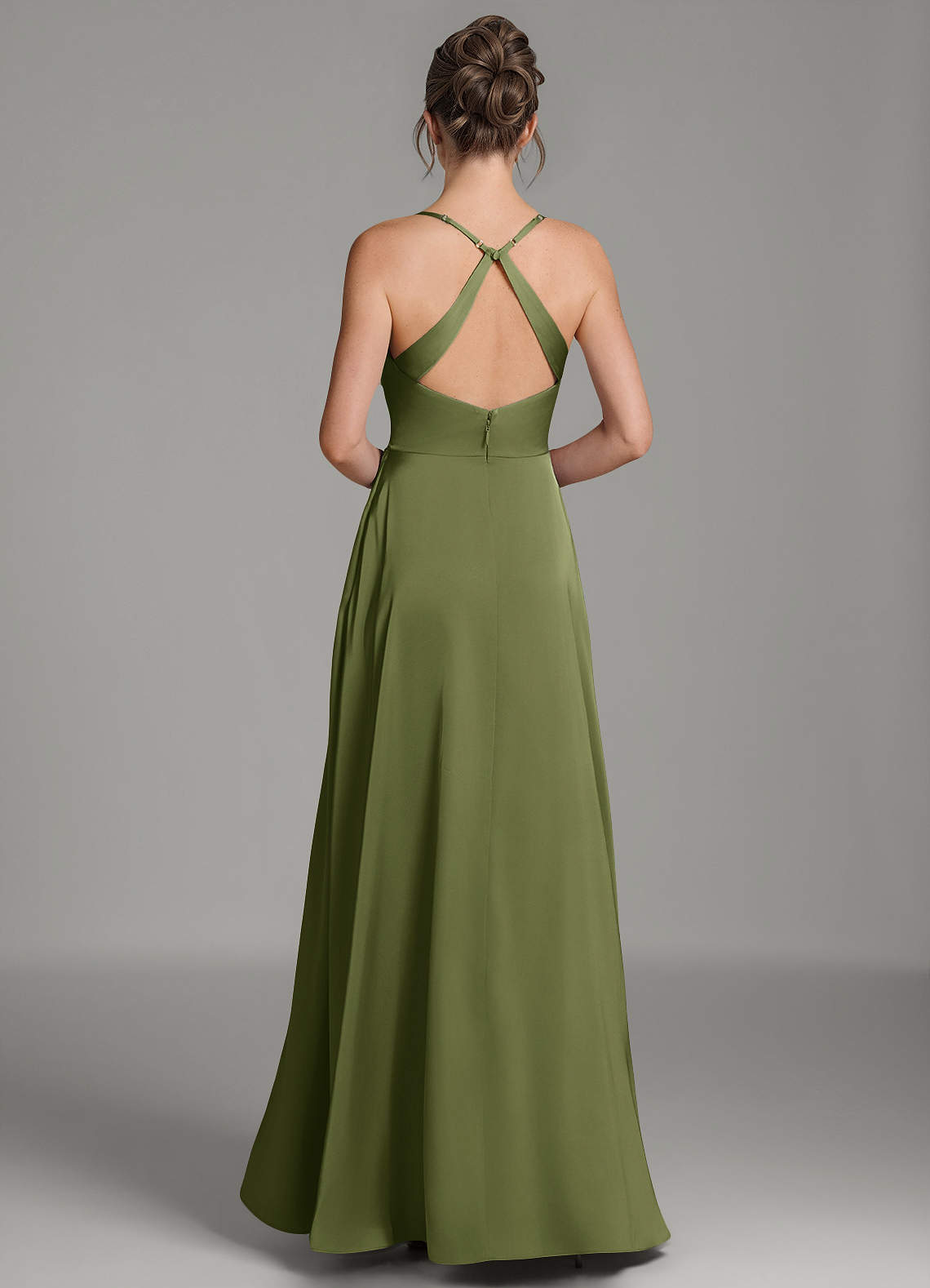 Frankie A-Line Scoop-Neck Stretch Satin Bridesmaid Dress in Olive