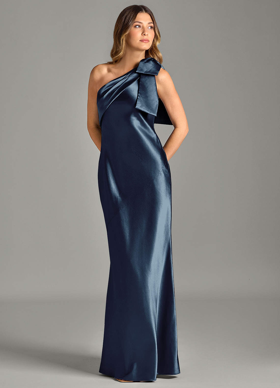 Yuanna Mermaid One-Shoulder Metallic Satin Bridesmaid Dress in Dark Navy