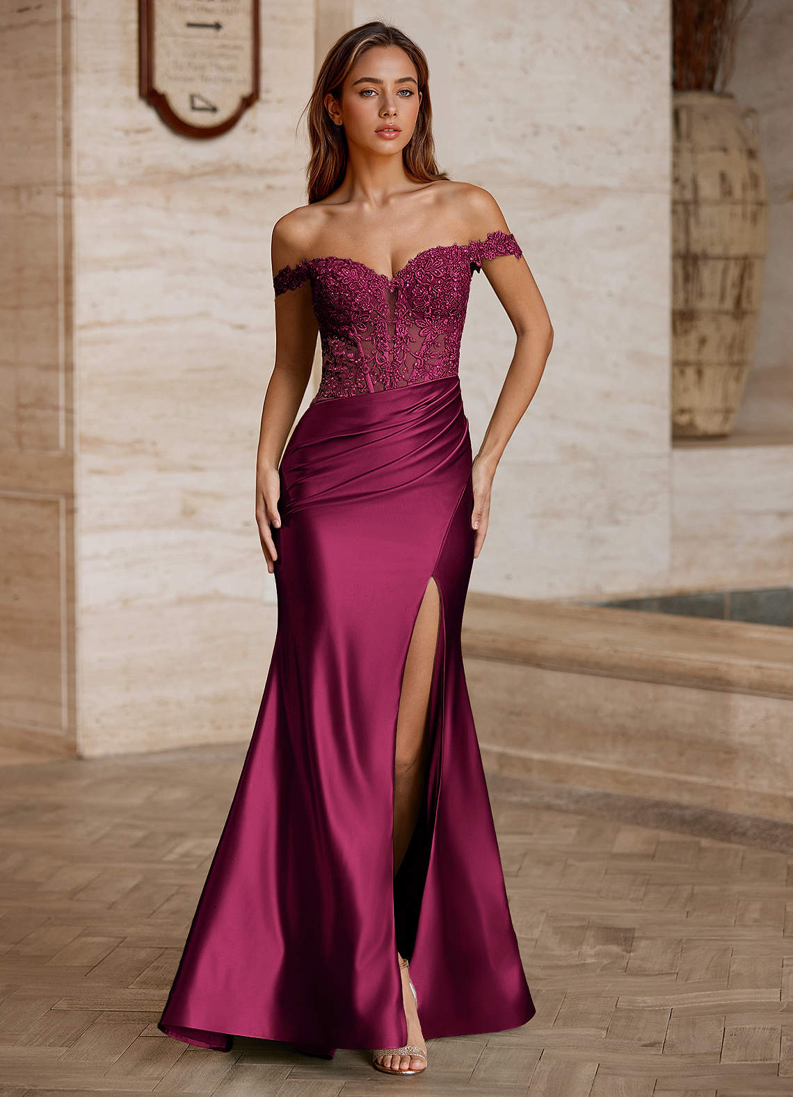 Wrentino Mermaid Off-the-Shoulder Stretch Satin Evening Dress in Wine