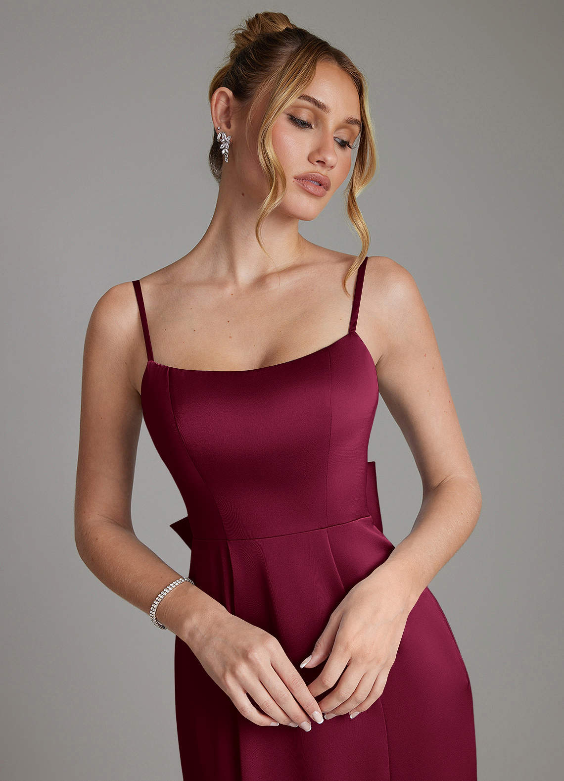 Zherra Mermaid Scoop-Neck Stretch Satin Bridesmaid Dress in Burgundy