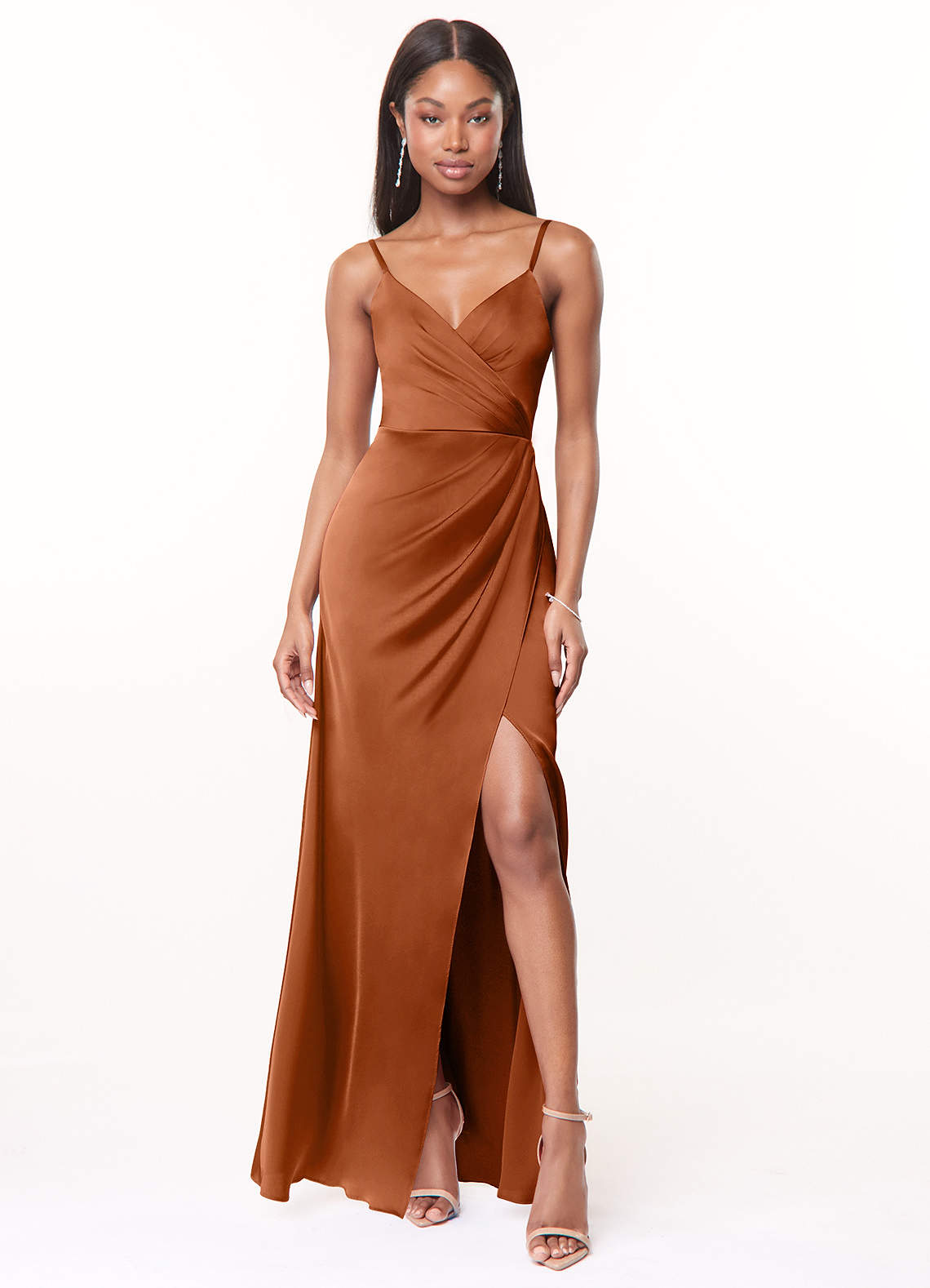 Maci A-Line V-Neck Stretch Satin Bridesmaid Dress in Copper