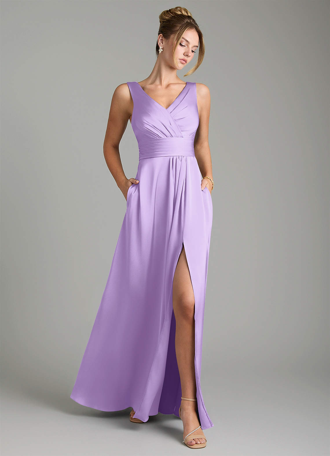 Karina A-Line V-Neck Stretch Satin Bridesmaid Dress in Lilac