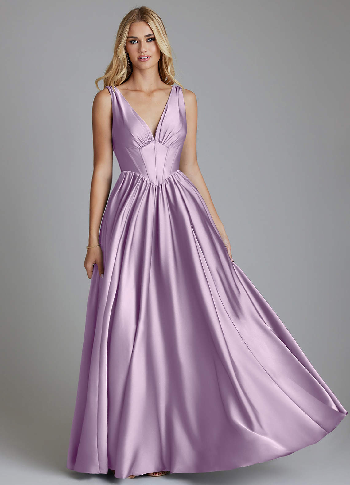 Delmie A-Line V-Neck Stretch Satin Bridesmaid Dress in Frosted Lilac