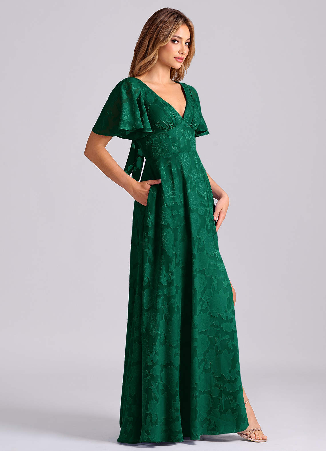Kimber A-Line V-Neck Floral Burnout Bridesmaid Dress in Emerald