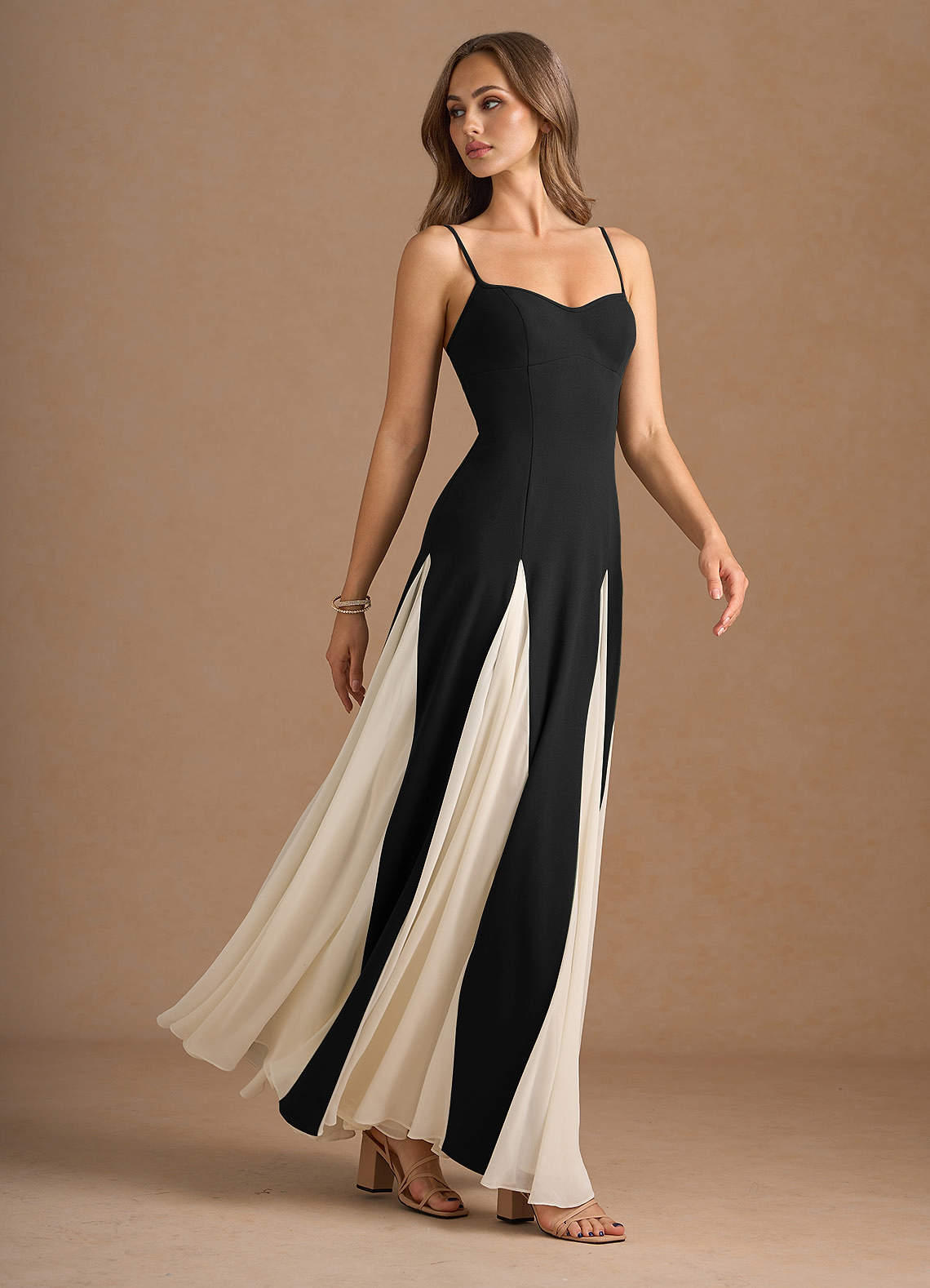 Jessenia A-Line Color-Block Crepe Chiffon Wedding Guest Dress in Black