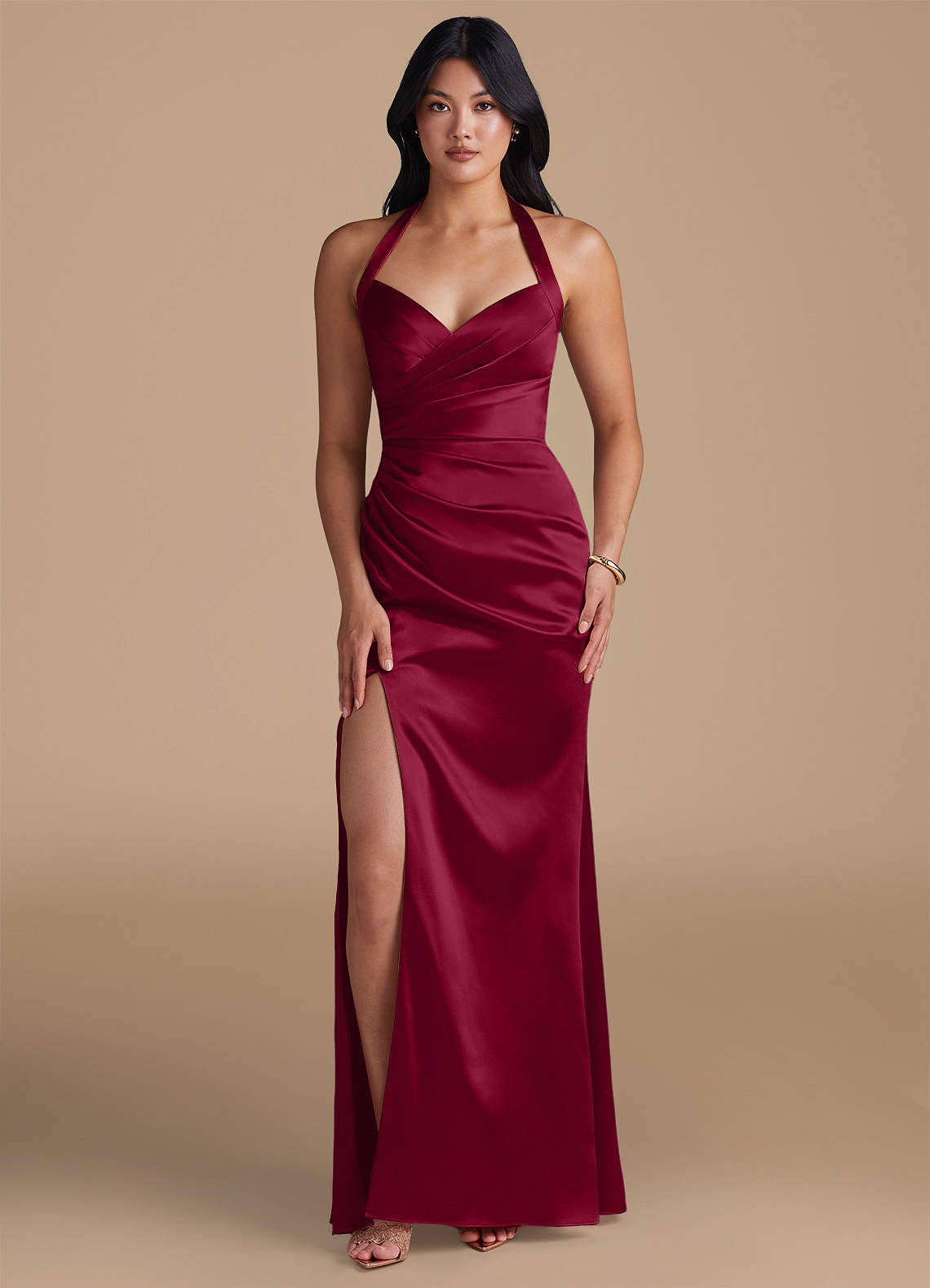 Emeria Sheath Halter Metallic Satin Bridesmaid Dress in Burgundy