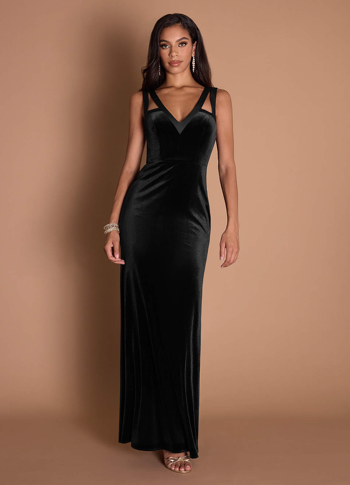 Tania Mermaid V-Neck Stretch Satin and Velvet Evening Dress in black