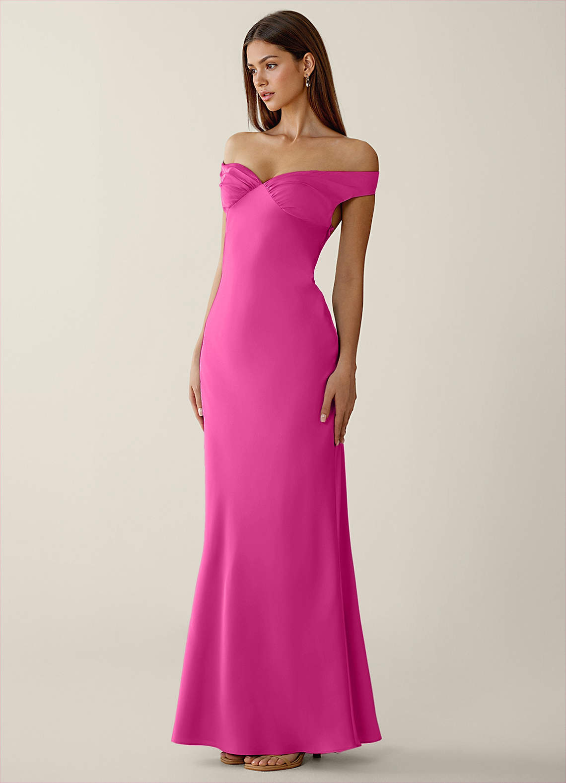 Gwendonme Sheath Off-the-Shoulder Satin Crystal Linen Evening Dress in Hot Pink