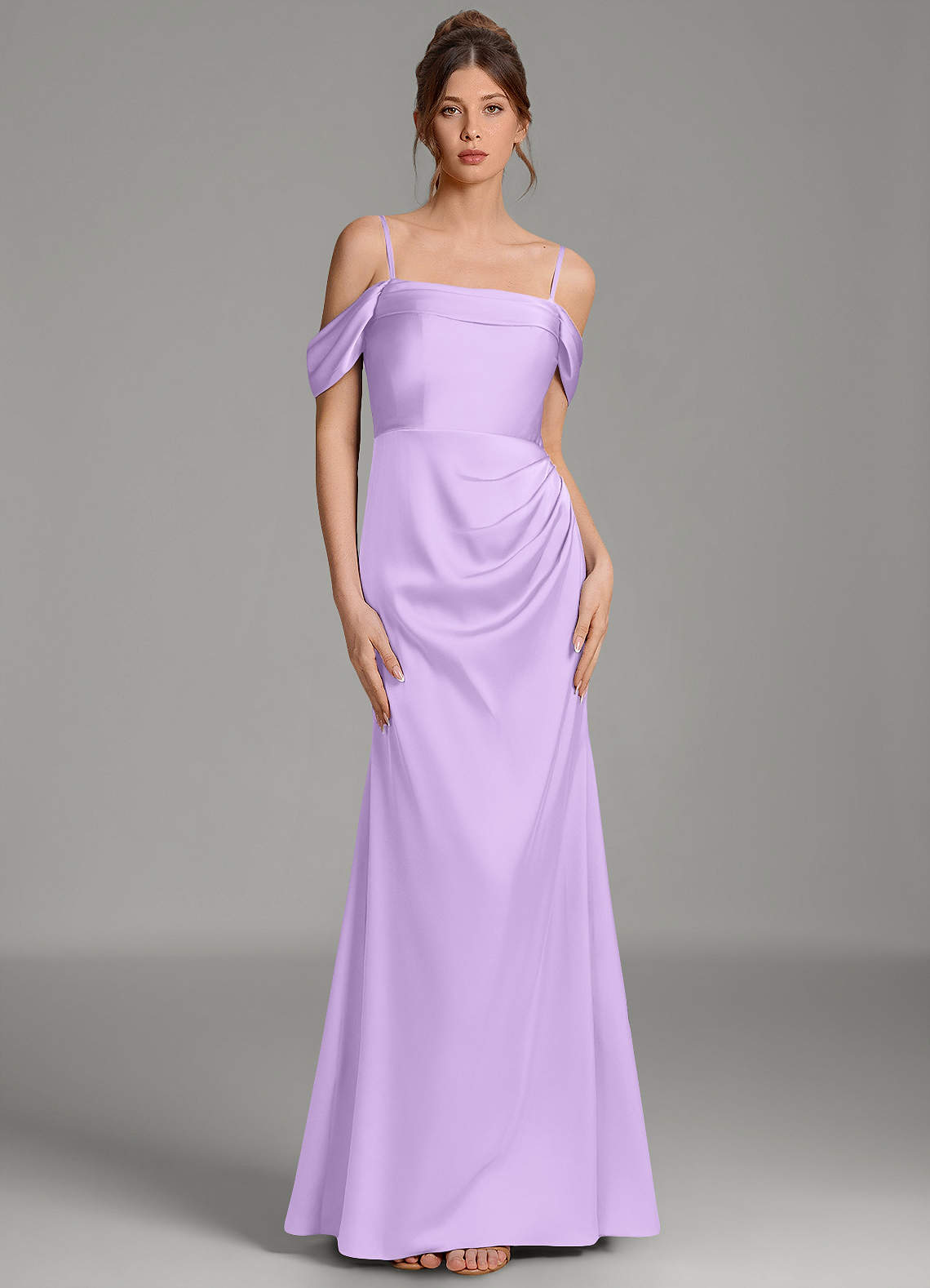 Wyatt Mermaid Off-the-Shoulder Stretch Satin Bridesmaid Dress in Lilac