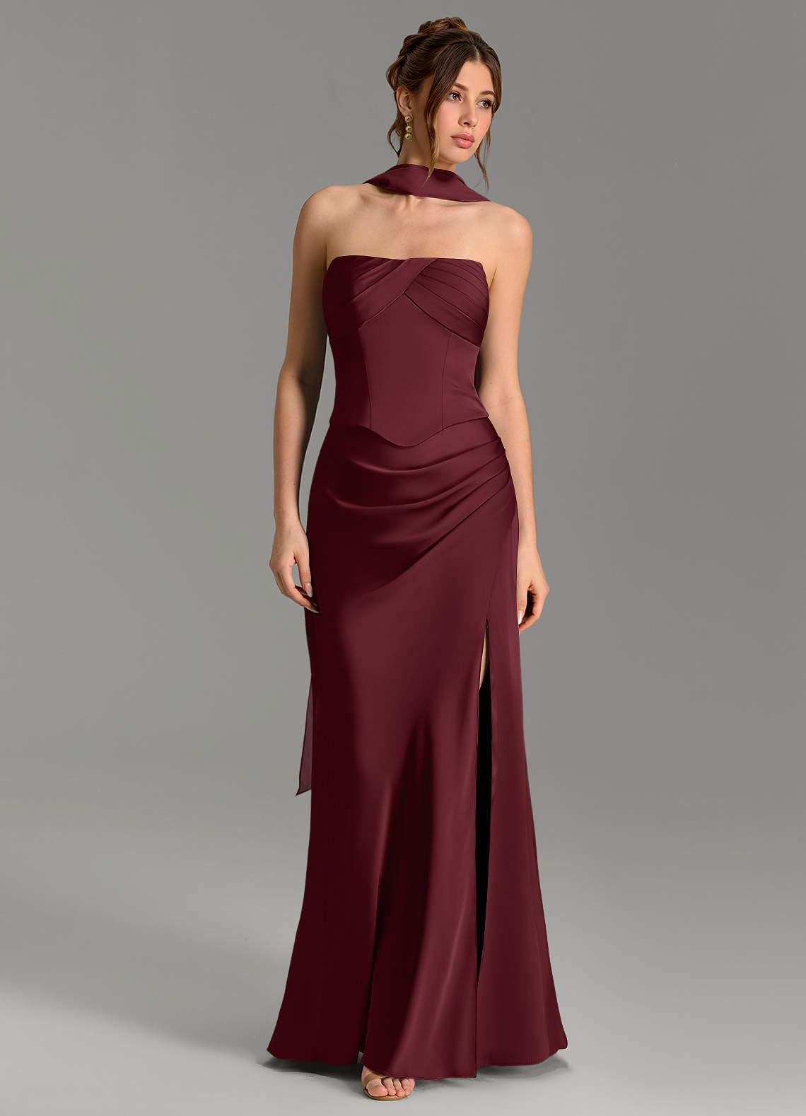 Nicki Sheath Scoop-Neck Stretch Satin Bridesmaid Dress in Cabernet