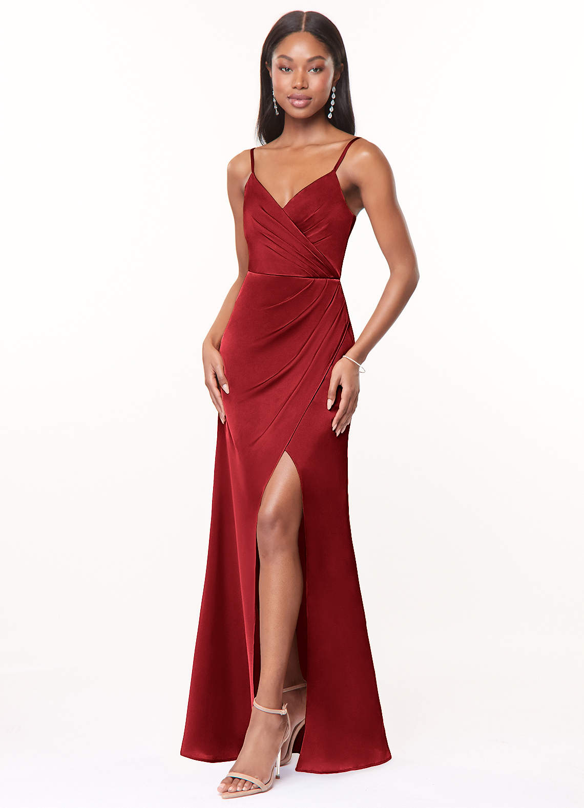 Maci A-Line V-Neck Stretch Satin Bridesmaid Dress in Scarlet