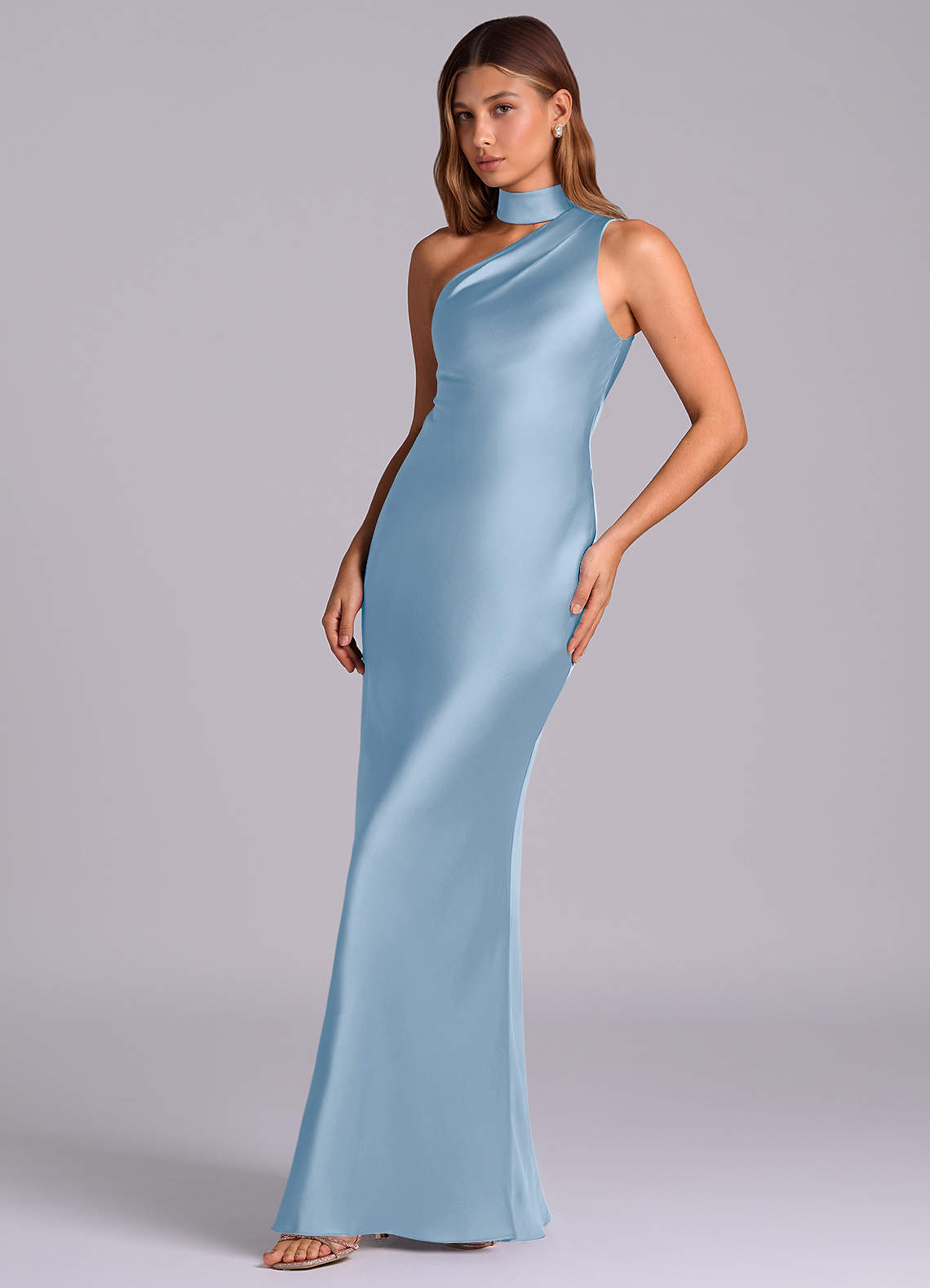 Seona Mermaid One-Shoulder Stretch Satin and Tulle Bridesmaid Dress in Powder Blue