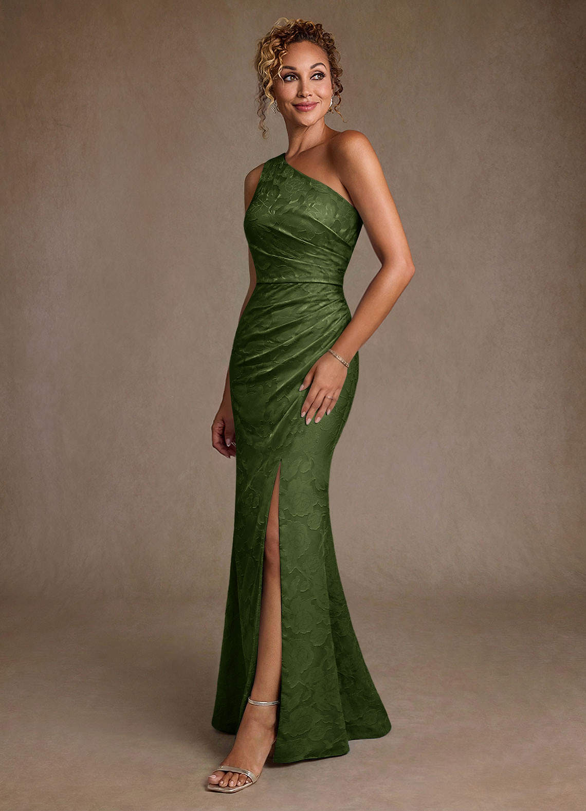 Joylin Trumpet One-Shoulder Floral Burnout Mother of the Bride Dress in Olive