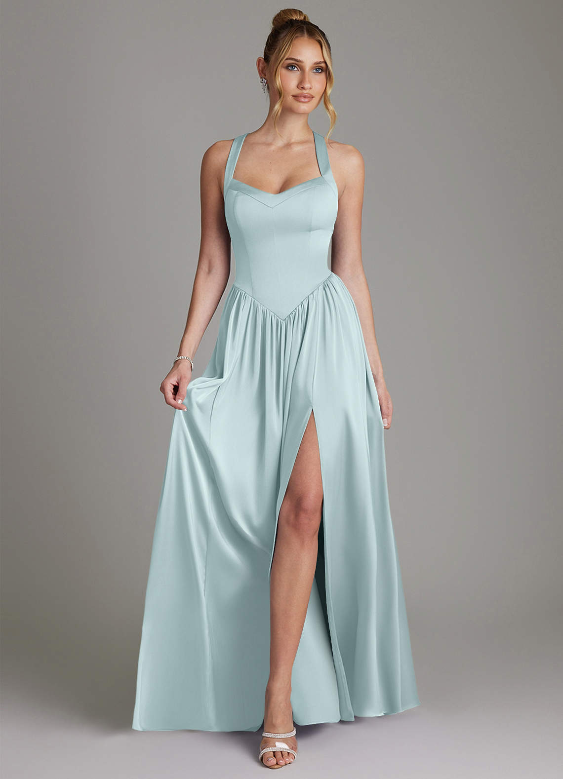 Francis A-Line V-Neck Stretch Satin Bridesmaid Dress in Mist