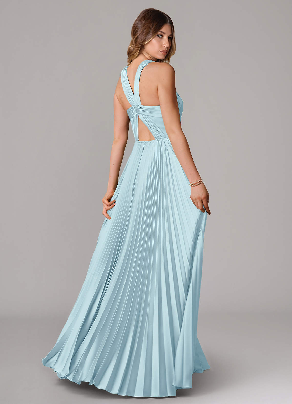 Afra A-Line Halter-Neck Stretch Satin Bridesmaid Dress in Cloud Blue