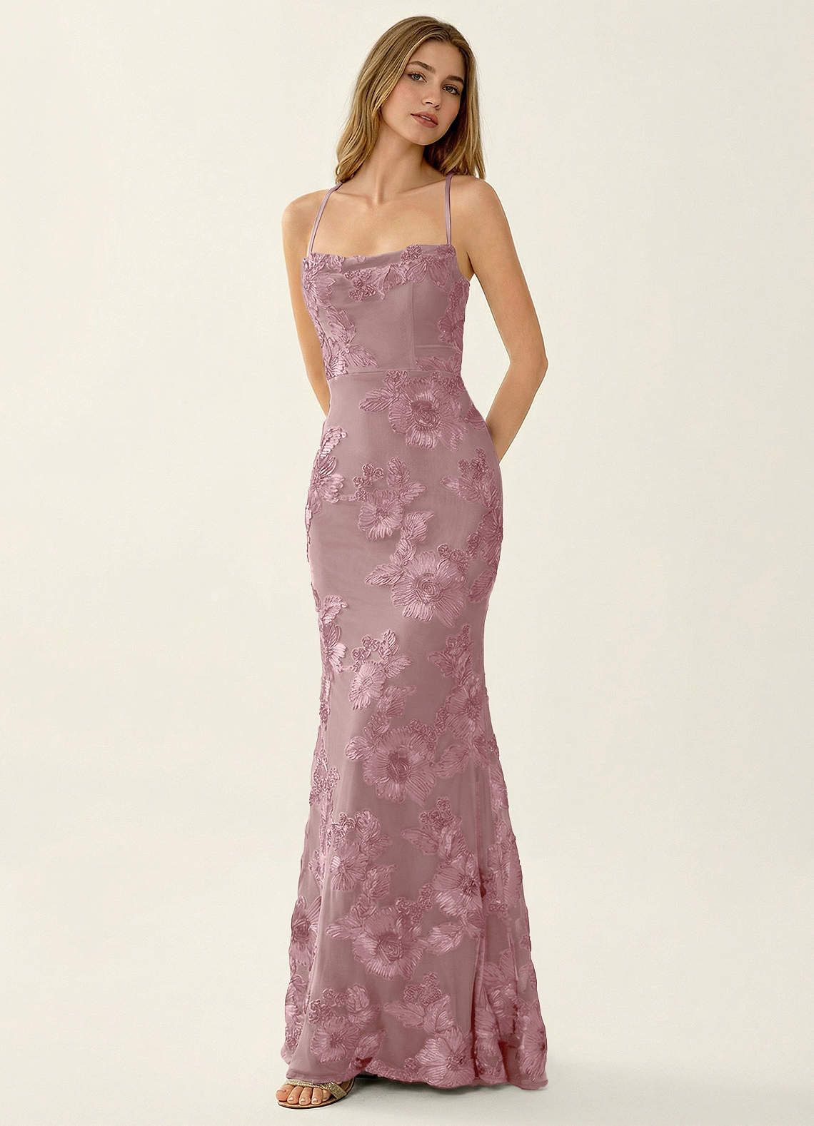 Kailani Mermaid Spaghetti-Strap Lace Evening Dress in Dusty Lilac