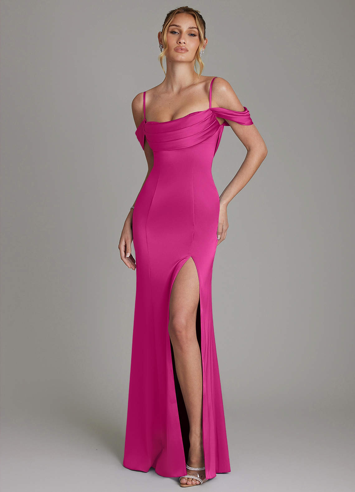 Nira Mermaid Sweetheart Stretch Satin Bridesmaid Dress in Fuchsia