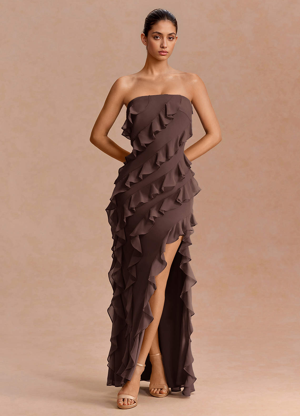 Eira A-Line Ruffle Chiffon Evening Dress in Truffle