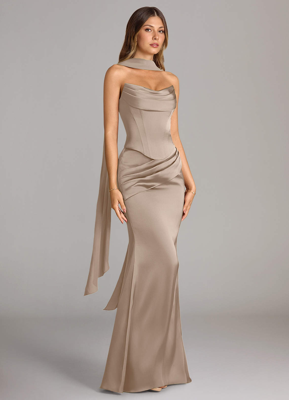 Sorrel Mermaid Cowl-Neck Stretch Satin and Chiffon Bridesmaid Dress in Taupe