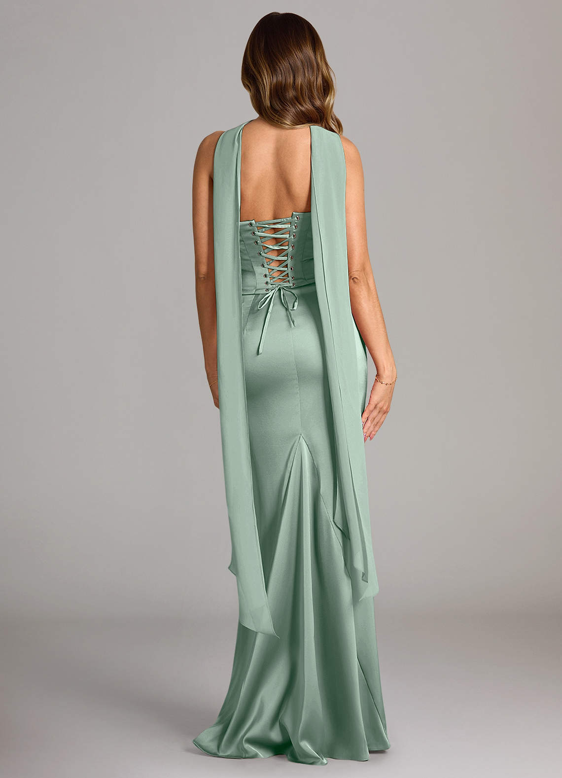 Sorrel Mermaid Cowl-Neck Stretch Satin and Chiffon Bridesmaid Dress in Agave