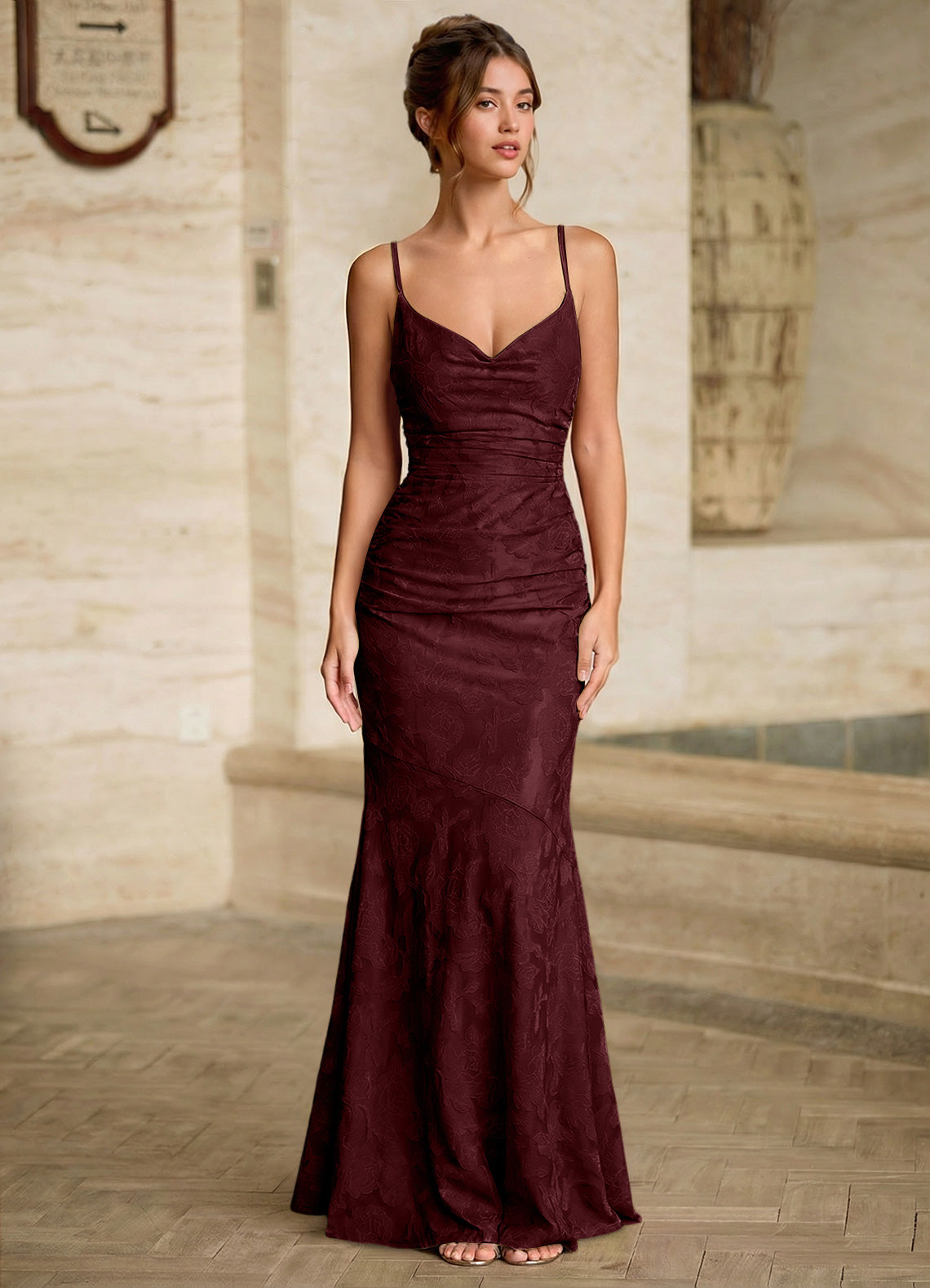 Leahenmo Mermaid Cowl-Neck Floral Burnout Prom Dress in Wine