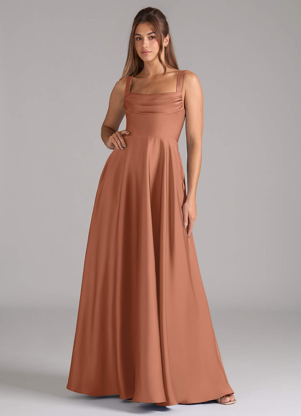 Shaude A-Line Square-Neck Stretch Satin Bridesmaid Dress in Bronzer