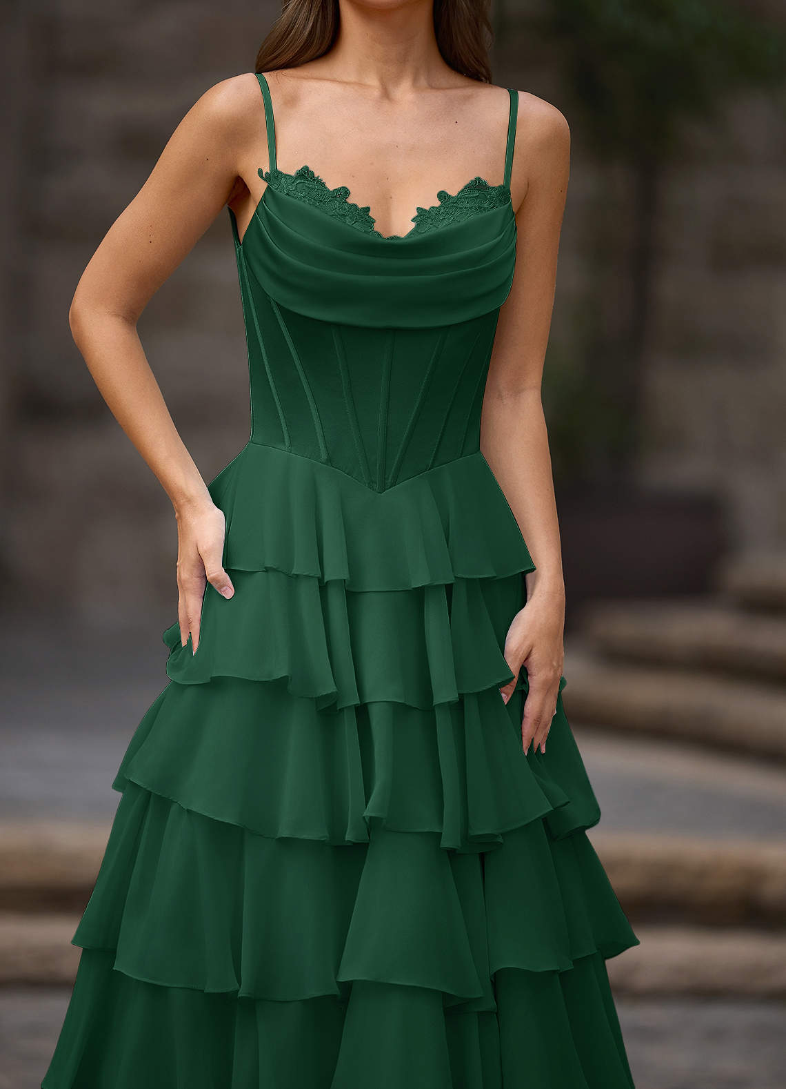 Floralace A-Line Ruffle Chiffon Evening Dress in Emerald Green