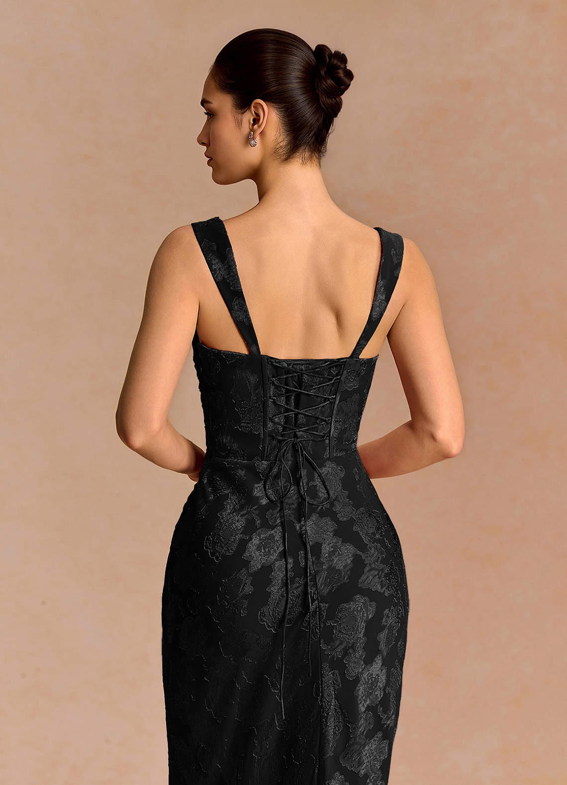 Agustina Square-Neck Pleated Fil Coupé Evening Dress in Black