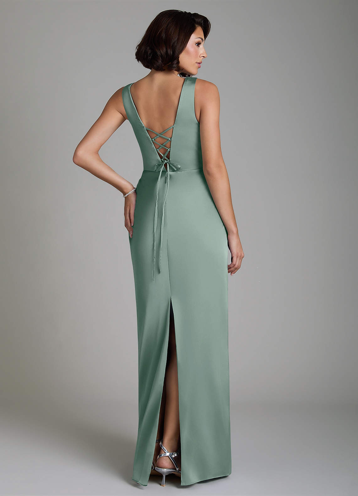 Vanya Sheath V-Neck Stretch Satin Bridesmaid Dress in Silver Sage