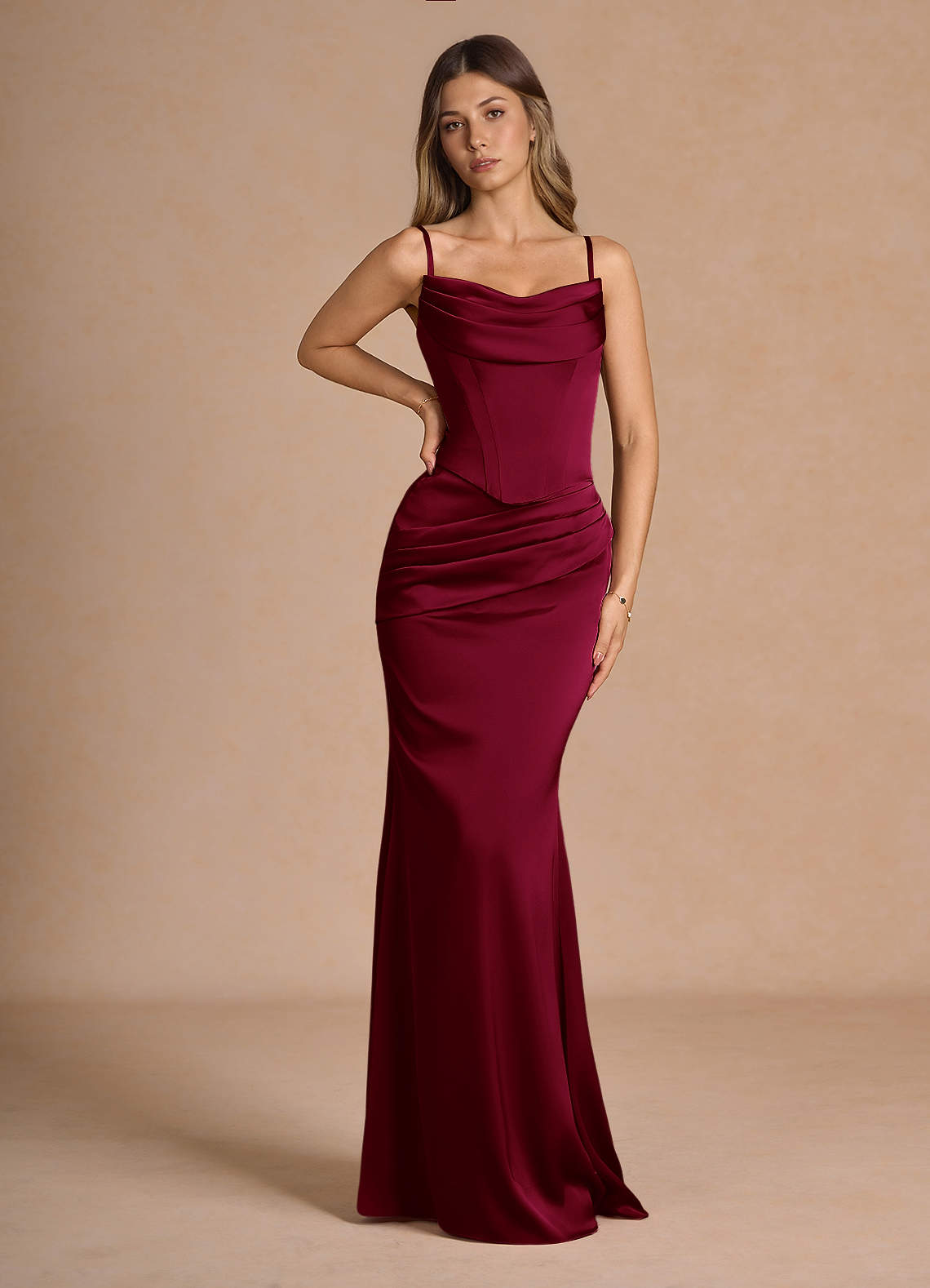 Sorrel Mermaid Corset Stretch Satin Evening Set in Merlot