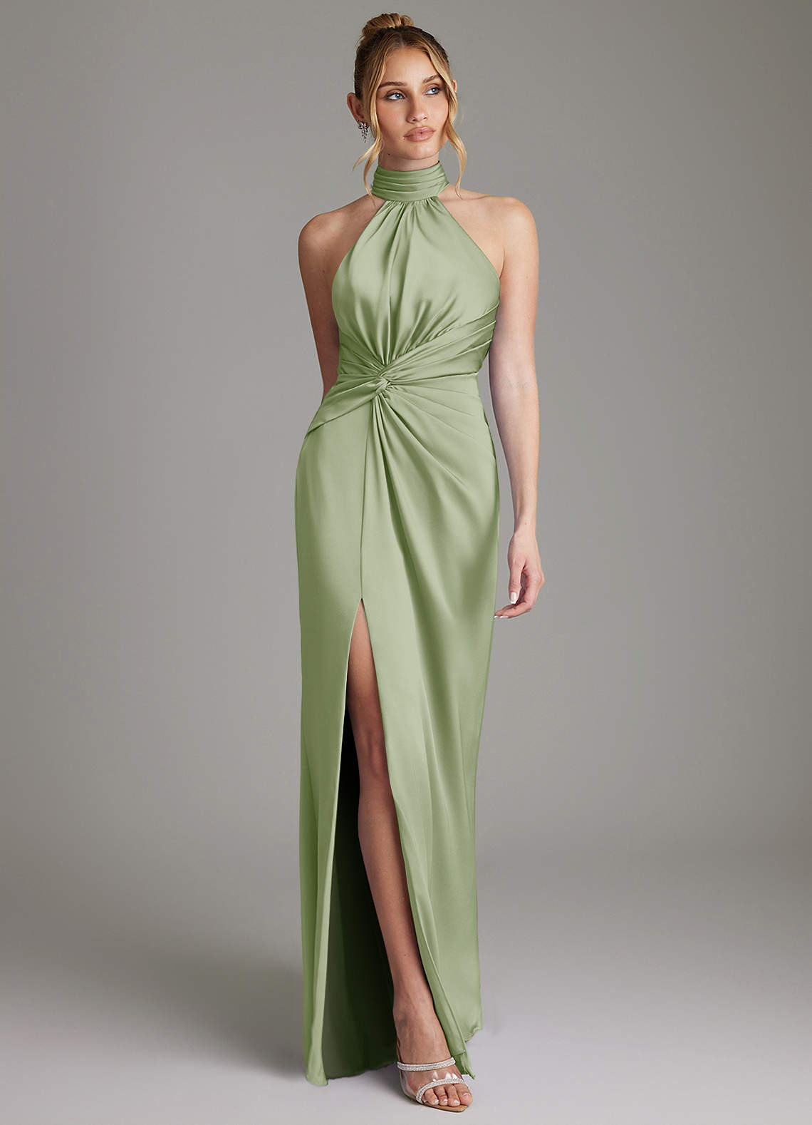 Gracelynn Sheath Halter Stretch Satin Bridesmaid Dress in Dusty Sage