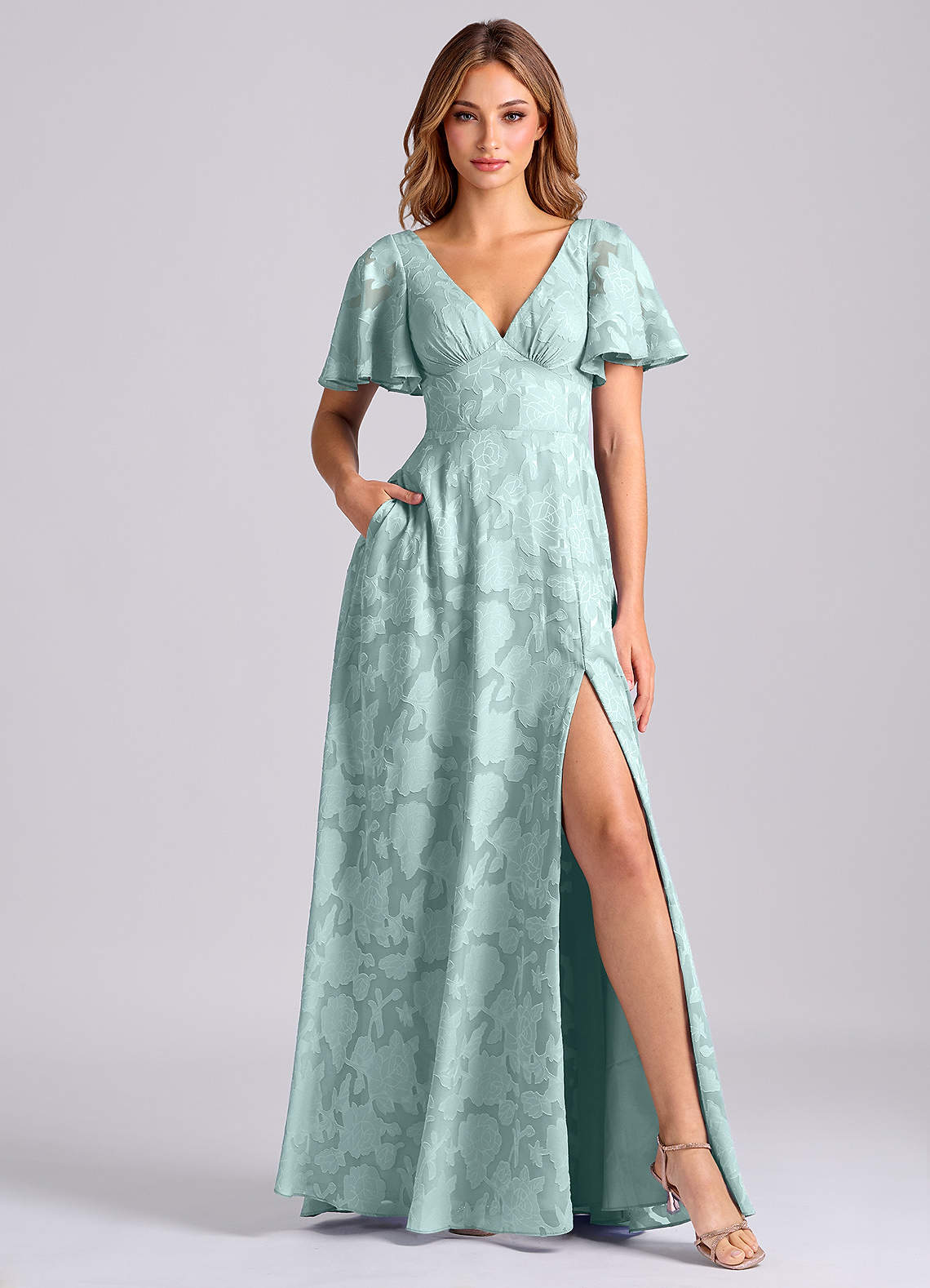 Kimber A-Line V-Neck Floral Burnout Bridesmaid Dress in Mist